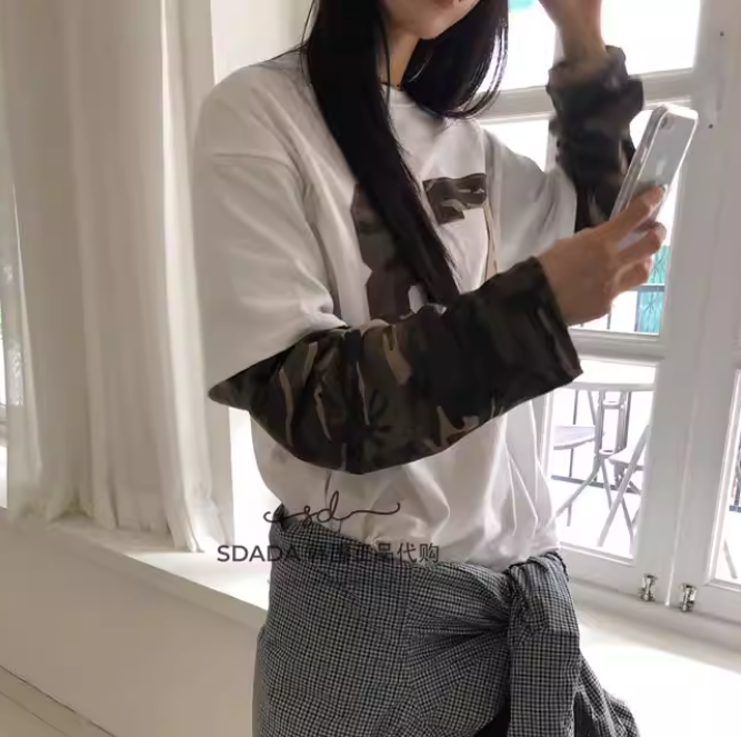 韩国代购26A/W CAMO LAYERED LONG SLEEVE迷彩假两层长袖T恤