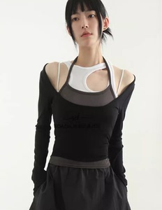 韩国代购24S/S wide neck layered top 设计师长袖吊带组合上衣