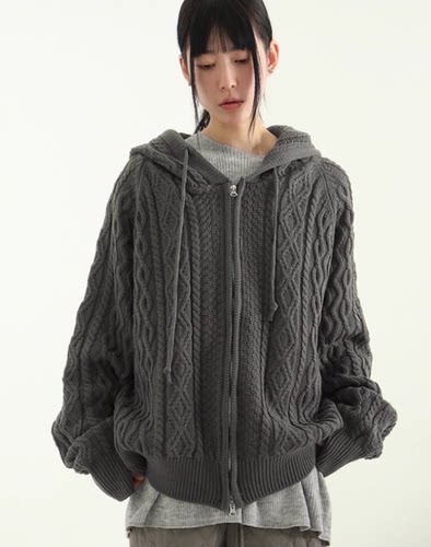 针织宽松韩国代购拉链帽衫