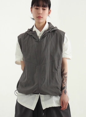 韩国代购24A/W paper string hood vest 尼龙抽绳连帽马甲