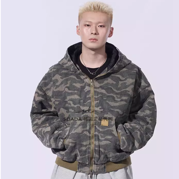 韩国代购设计师迷彩连帽夹棉外套