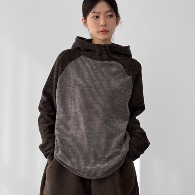 韩国25F/W button neck two tone knit hoody 拼色针织帽衫