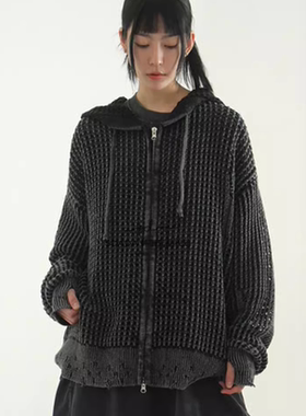 韩国代购24S/S hand warmer dyed mesh knit hood zip-up拉链帽衫