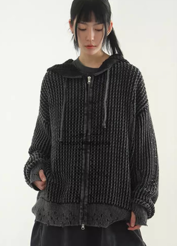 连帽拉链做旧破洞拉链帽衫韩国