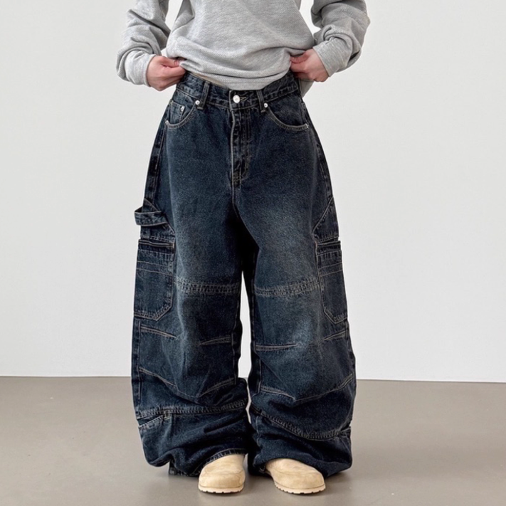 韩国代购宽松拼接工装牛仔裤