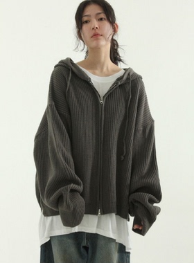 韩国代购22 oversize hand warmer knit hood zip-up针织拉链帽衫