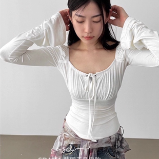 square neck 抽绳长袖 25F T恤 tee shirring 韩国代购 silket