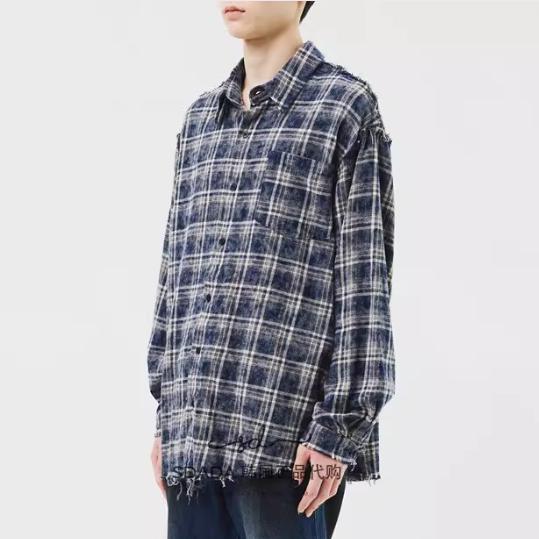 裁剪毛边格子衬衫韩国代购