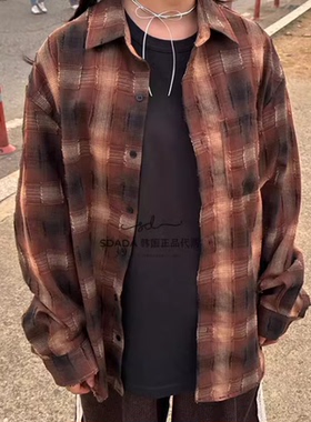 韩国代购24S/S GRADATION CUTTING SHIRTS 混色渐变毛边格子衬衫