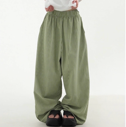 韩国代购25S/S stripe wide banding pants 竖纹宽松长裤