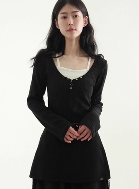 韩国代购25S/S layered button neck golgi tee 长袖吊带假两层