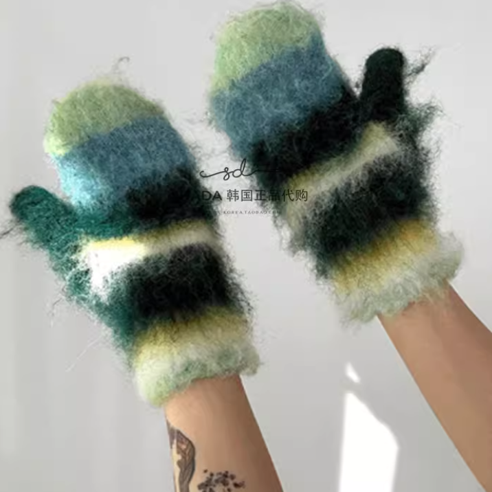 韩国代购混色毛绒针织手套