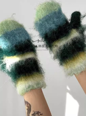 韩国代购25F/W mohair gradation mittens 混色毛绒针织手套