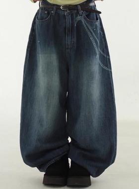 韩国代购24F/W chain stud deep blue wide jean 腰链印花牛仔裤