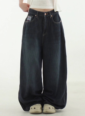 韩国代购24S/S soft dark blue wide jean 设计师宽松牛仔裤