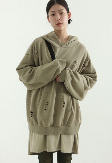 韩国代购22F/W cotton damage hoody (unisex) 破洞宽松帽衫 男女