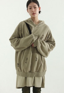 cotton damage hoody 韩国代购 破洞宽松帽衫 unisex 男女 22F