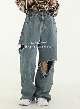 代购21F/W button up vintage blue cutting jean 做旧破洞牛仔裤