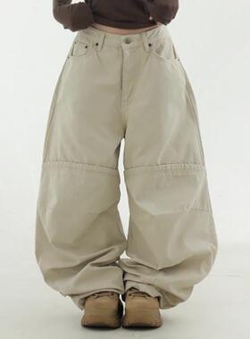 韩国代购24F/W curved knee cotton wide pants 棉质弯刀拼接长裤