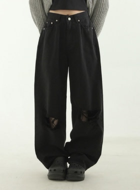 韩国代购23A/W black wide cutting pants 黑色破洞宽松牛仔裤