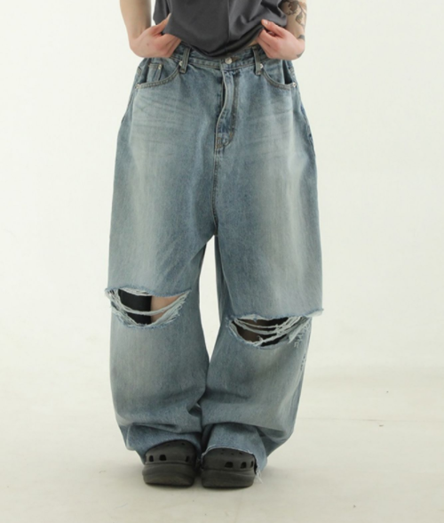 韩国代购23S/S oversize button up damage jean  宽松破洞牛仔裤