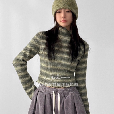 韩国代购波浪半高领条纹针织长袖