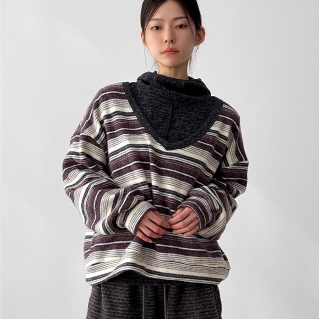 韩国代购25F/W V neck stripe fleece mtm V领混色条纹摇粒绒卫衣
