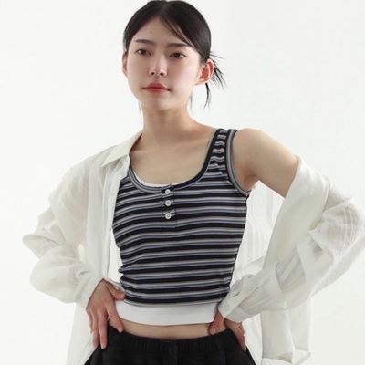 韩国代购设计师系扣半开条纹背心
