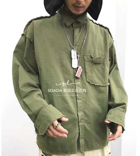 韩国代购破边长袖衬衫宽松风格
