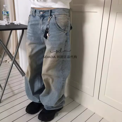 韩国代购水洗磨白宽松牛仔裤