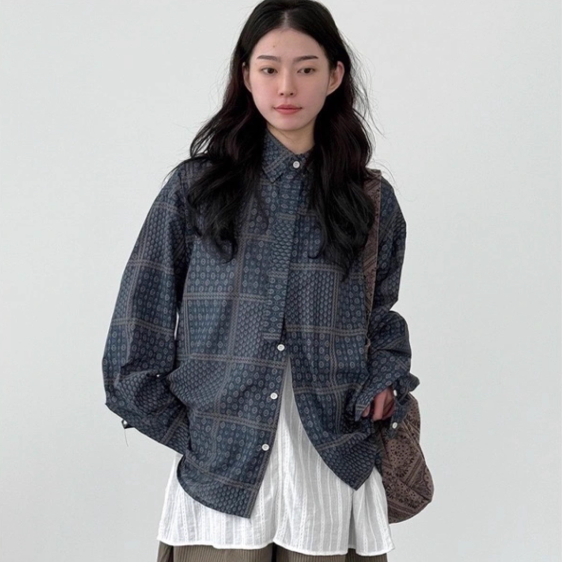 韩国代购设计师花纹长袖衬衫