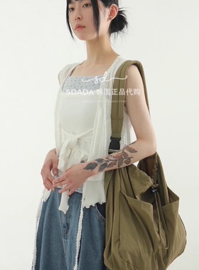 韩国代购24S/S paper two pocket string bag 抽绳单肩包