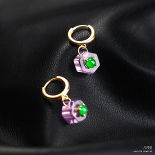 阳绿蛋面合集 天然缅甸冰种翡翠耳钉薰衣草紫水晶耳线18K金耳环女