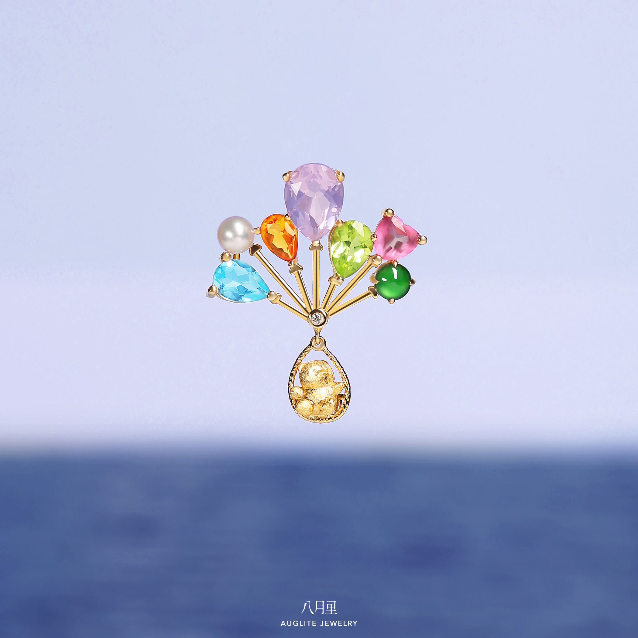 小熊系列一环游地球80天 天然翡翠珍珠白蓝宝水晶925银镀金吊坠女