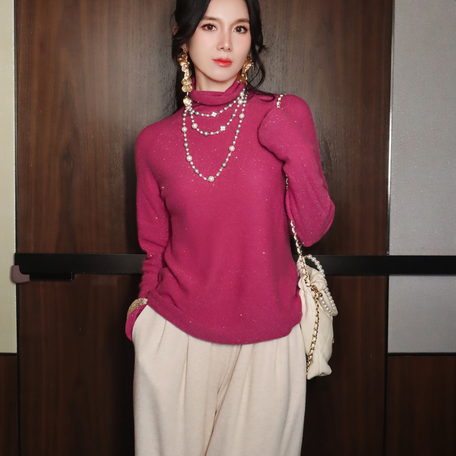 100%羊毛苏梅红堆堆领针织毛衣女