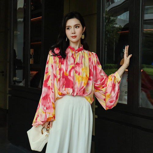 绝美印花高级感名媛国风防晒衬衫
