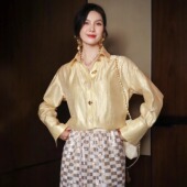 衬衫 天丝醋酸偏光缎轻奢高级法式 雏菊黄翻领设计感宽松长袖 上衣女