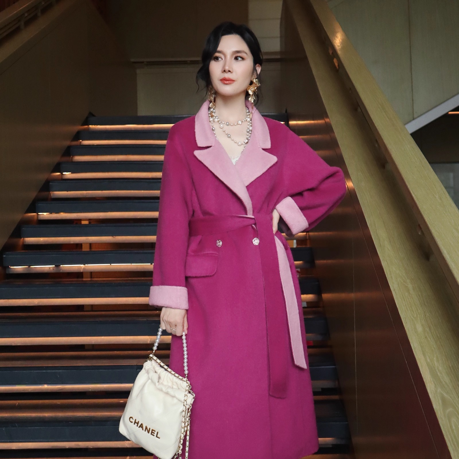 法式名媛唇脂粉双面双色羊毛大衣系带收腰长款显白气质毛呢外套女