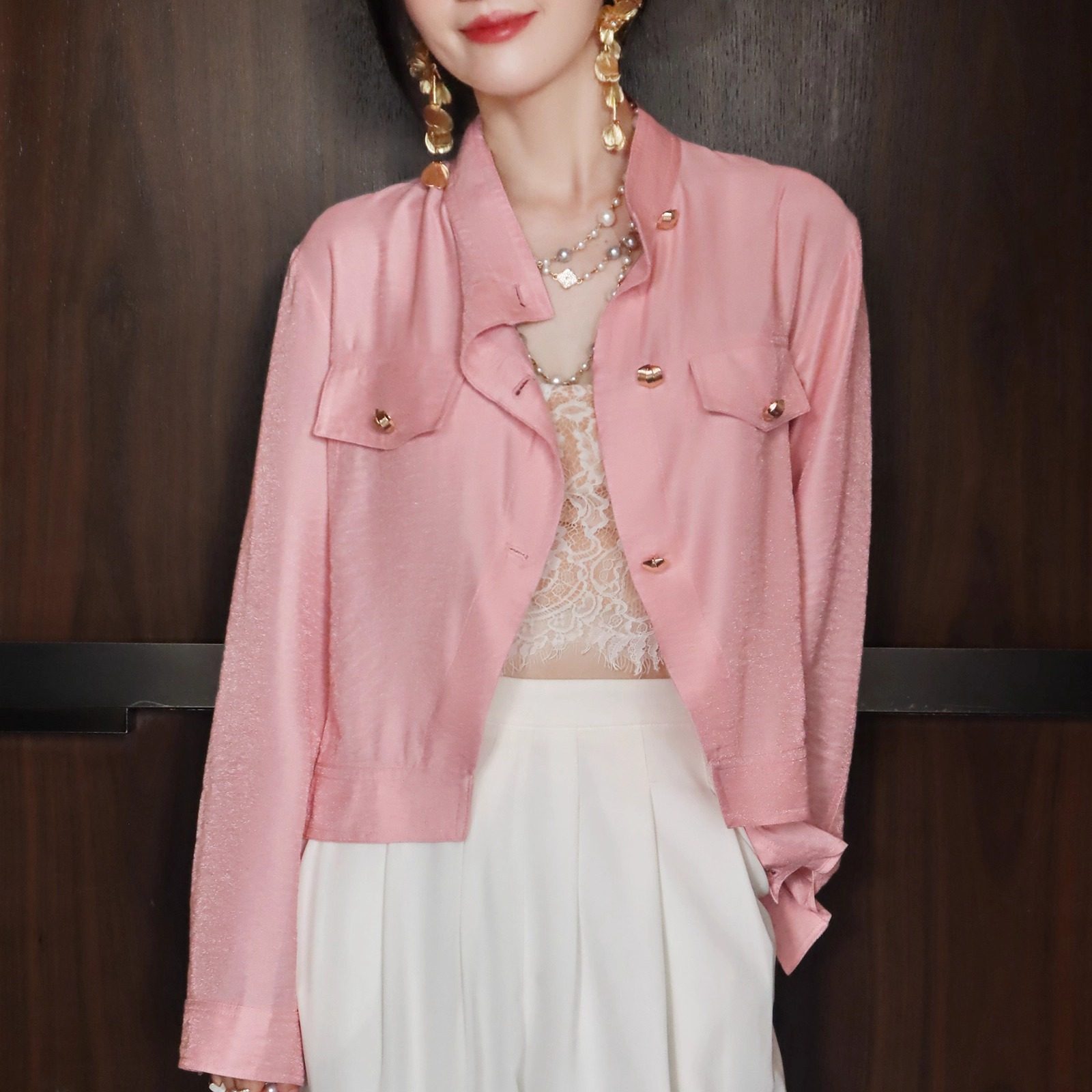 丝光人棉樱花粉法式温柔工装小立领休闲气质轻奢短款薄款小外套女