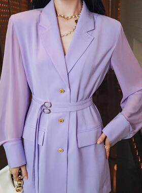 质感优雅浅紫色双腰带通勤西装拼接透视感雪纺袖春秋西服连衣裙