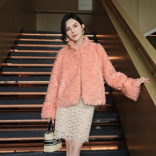 珊瑚橘高级感轻奢法式环保卷卷长毛皮草立领洋气短款时尚保暖外套