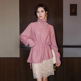 名媛千金云霞粉丝珠片羊毛慵懒抽绳设计轻奢保暖高领毛衣上衣冬女