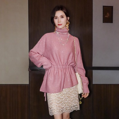 千金云霞粉羊毛针织毛衣宽松慵懒