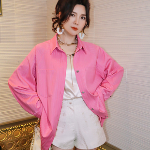 松弛感百搭粉色亮丝条纹衬衣宽松显瘦抽绳oversize廓形长袖棉衬衫