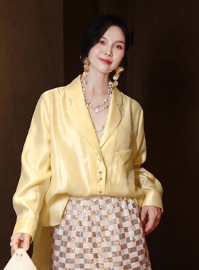 法式精致高级感鹅黄色丝光人棉缎百搭时尚简约气质西装领衬衫上衣