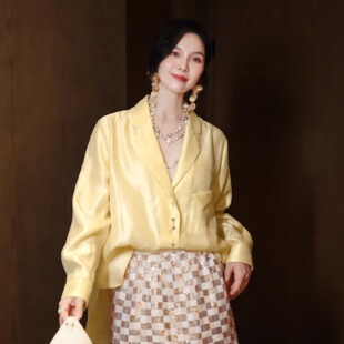 法式精致高级感鹅黄色丝光人棉缎百搭时尚简约气质西装领衬衫上衣