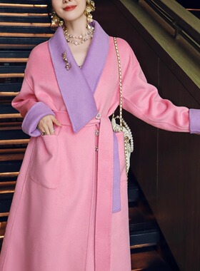 显白粉紫色两面穿澳洲羊毛双面大衣法式名媛小众气质拼色长款毛呢