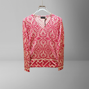 毛衣 弹力修身 意大利产潮奢R男士 羊绒桑蚕丝混纺粉色图案V领针织衫