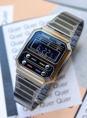 卡西欧CASIO复古Vintage时尚夜光小方块金属男女手表A100WEGG-1A