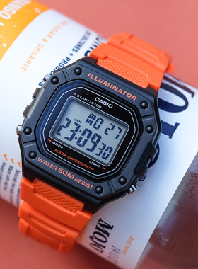 卡西欧运动夜光闹铃户外多功能电子手表情侣男女表W-218H-4B2/3A